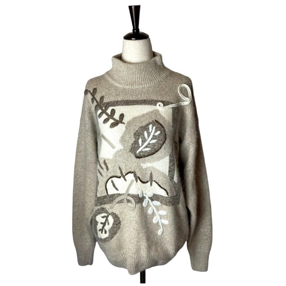 Santoria‎ Vintage Sweater Women Medium Tan Silk Angora Wool Blend Embroidered